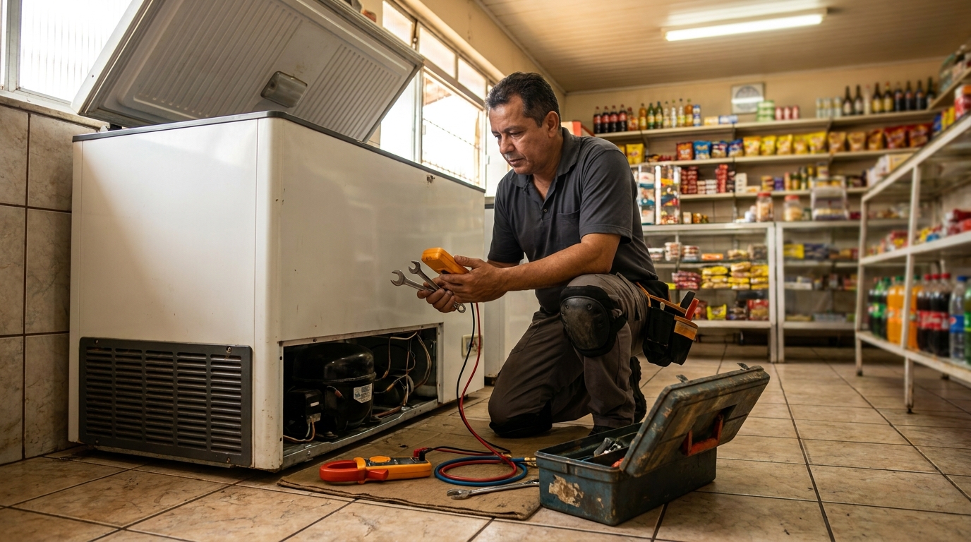 Profissional executando manutenção no motor de freezer em Interlagos, Governador Valadares‑MG