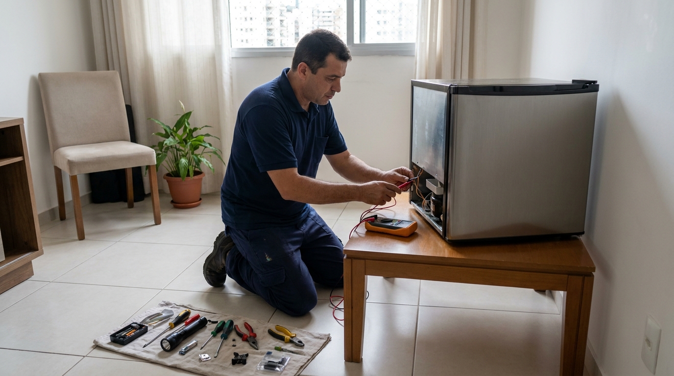 Técnico fazendo manutenção do motor de frigobar em Altinópolis, Governador Valadares‑MG