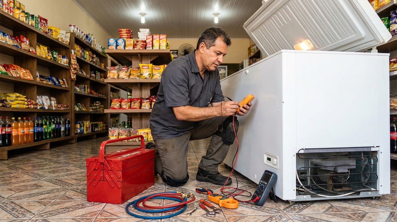 Recarga de gás refrigerante no freezer durante atendimento em Interlagos, Governador Valadares‑MG