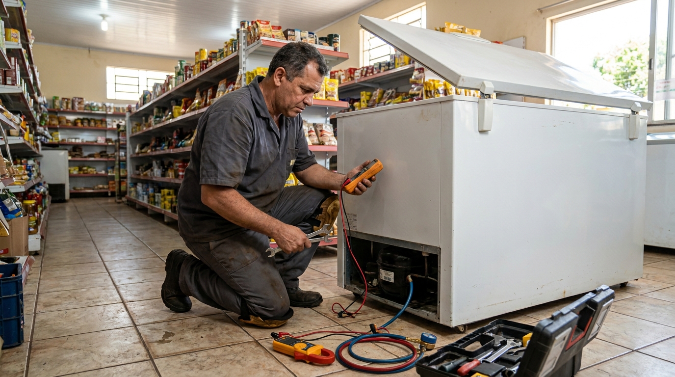 Substituição de termostato de freezer em visita técnica em Interlagos, Governador Valadares‑MG
